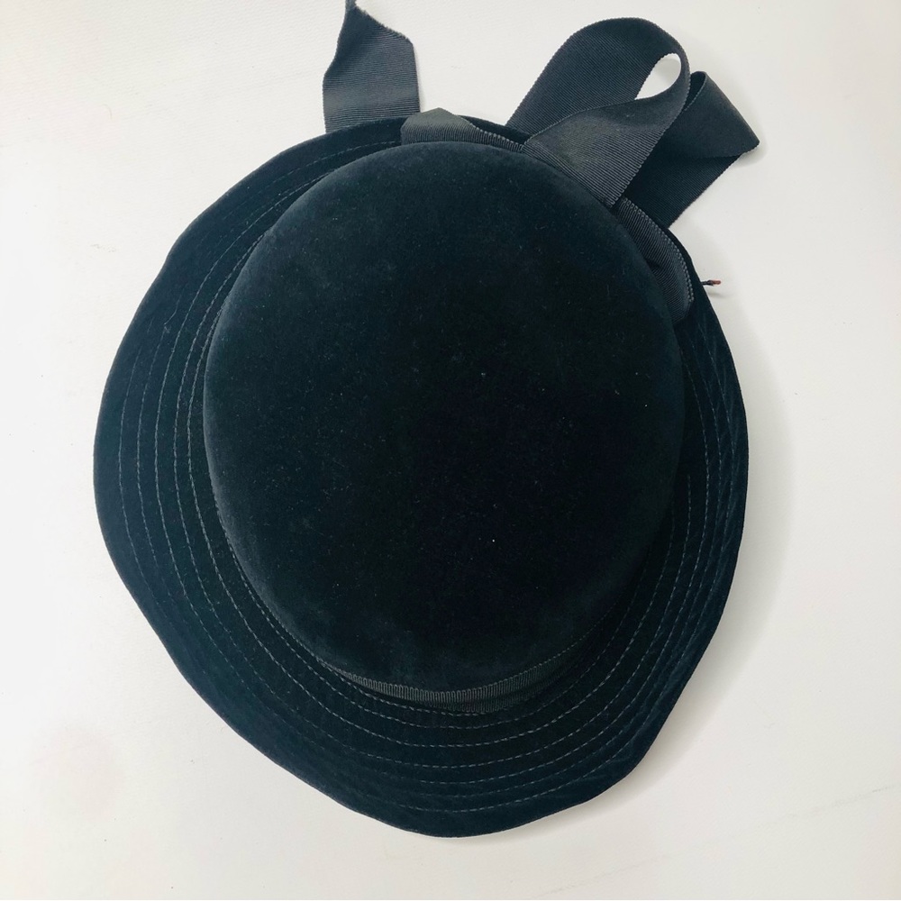 VTG 40s Union Made Three Corner Hat Tricorn, Black w/ Double Ribbon & Elastic